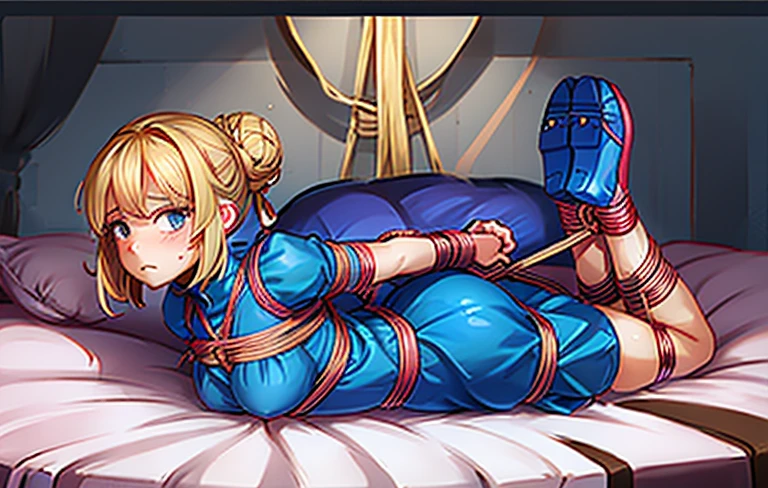 piperBS, 1girl, blonde hair, hair bun, blue dress, puffy sleeves, short sleeves, pink gloves, fingerless gloves, pink belt, shoes, blue footwear, cute and blushing 18 years old anime girl, look away because she is embarrassed and blushes, bright blue eyes, detailed face, detailed members, detailed arms, detailed hands, Girl lying, tied by ropes, shackled, can no longer move, tied tightly, very hard tied up with lots of ropes, hampered by so many ropes that she can no longer move, bound hands and feet, ropes tie his whole body, tied extremely tightly and forcefully to her bed by a lot of ropes, its limbs are strongly tied together by ropes, his torso is tied up with thick cords, her chest is so tied up with ropes that it sticks out, her legs are tied tightly with thick ropes, his hands are tied behind his back with ropes, she can no longer move her feet, her hands which are tied by thick ropes, she desperately tries to free herself, likes to be tied tight with big ropes, likes to be immobilized by big ropes, lying down, his hands and feet are strongly tied to the railing of his bed, his legs are pressed together and tied with ropes, its limbs are held vigorously by imposing ropes, her hands are tied securely behind her back by ropes, her chest is compressed by strong ropes, she is pressed against her bed and restrained by large ropes, (shibari, arms behind the back:1.4), (hands on the back), (masterpiece, best quality) 1.5, 1girl, solo, (sexy, beautiful woman, perfect face, perfect eyes, perfect hands), samus aran, (hands on the back), Spread the legs, s' ((lie in bed by big ropes)), ((close up of the girl)), ((((lie in bed)))), ((((arms tied behind the back, Legs Tied,La fille est allongée sur le ventre, La fille est allongée sur le sol:1.5)))), ((((girl seen from behind:1.4)))), ((((girl lying down on her stomach:1.4)))), ((((Outstretched arms:1.5)))), ((((Detailed hands:1.5))))