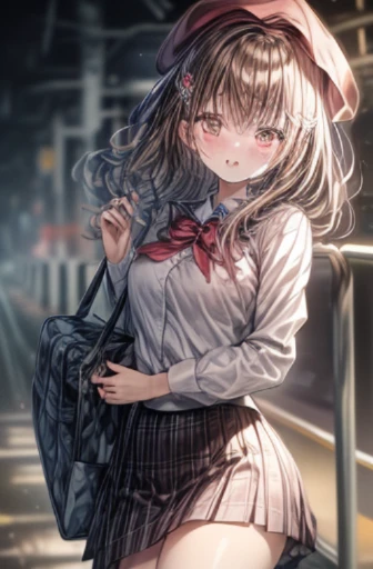 masterpiece, highest quality, alone, masterpiece, highest quality, shirt decoration, Beautiful breasts, hair ornaments, Medium chest, White shirt, shirt decoration, Long sleeve, Very detailed, girl, Jagged hair beautiful, Beautiful Eyes, Jewel-like eyes , Glittering backgrounds, Glowing eyes in men, Medium chest, round chest, short hair, woman, Blonde, gentle hair, Red pleated skirt, ribbon,  uniform, beret