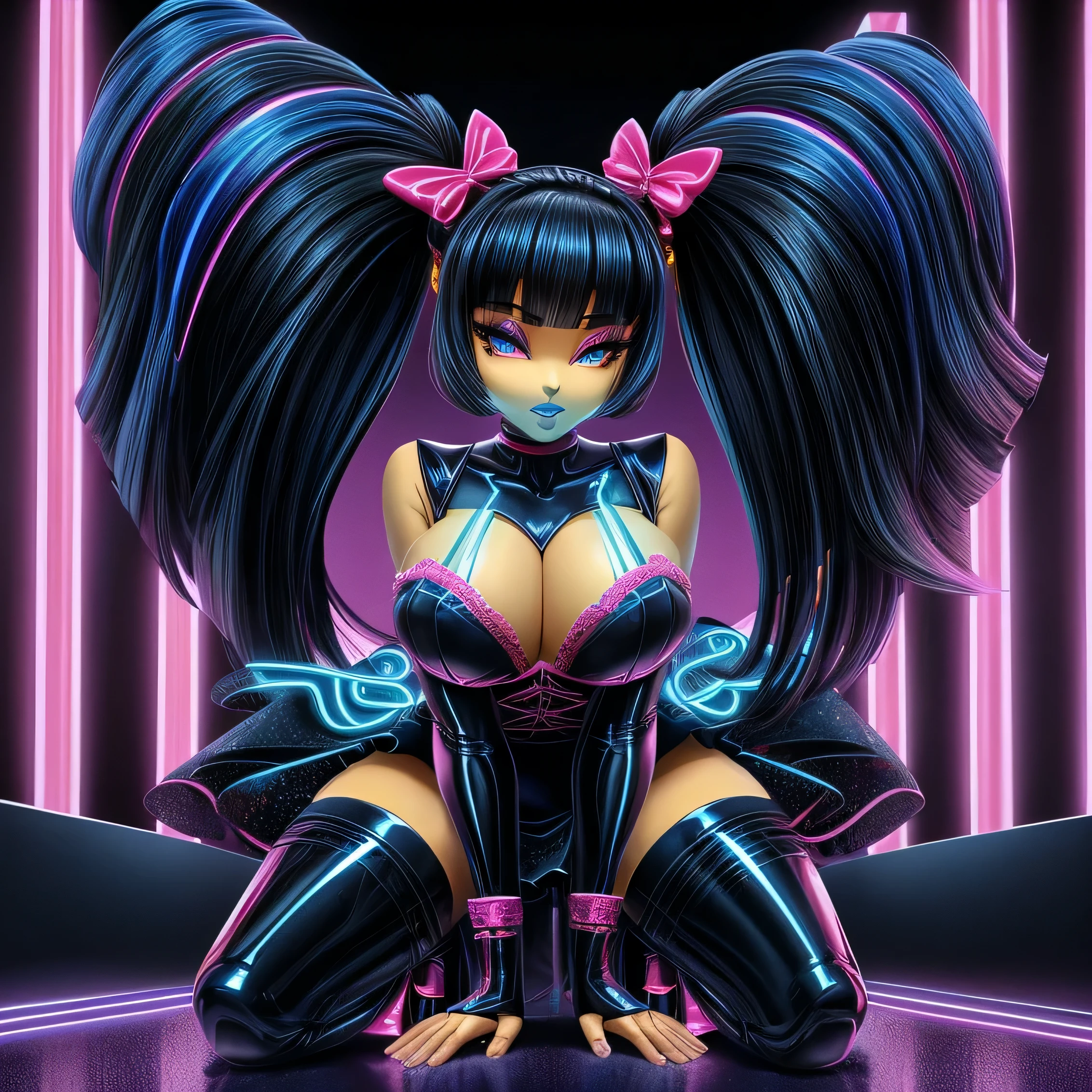 A beautiful hyperreal woman who represents Sailor Moon. Black hair, very big breasts, giant butt, tiny waist. Her face has Japanese anime features. Pigtails: she has long black hair that reaches approximately the middle of his back. Her distinctive hairstyle consists of two high, voluminous pigtails that extend up and out from the top of her head. Bows: At the base of each ponytail, she wears a large bow that keeps her hair in place. Bangs: She has short, blunt bangs that frame her face and curve to the sides. She wears a daring asymmetrical gown crafted from glossy, neon-green latex. The material hugs her curves provocatively, accentuating every contour of her body. The bodice features intricate lace-up detailing, reminiscent of corsetry, with vibrant neon-pink eyelets and thick neon-orange laces that crisscross dramatically from her décolletage down to her hips, creating a striking contrast against the sleekness of the latex. The gown's skirt is voluminous, with layers of ruffled tulle in neon shades of electric blue and fluorescent yellow cascading asymmetrically around her legs, pooling gracefully at one side while revealing glimpses of her toned legs at the other. Each ruffle is adorned with intricate neon-purple lace appliqués, adding a touch of electrifying glamour to the ensemble. Completing the look, she wears thigh-high boots crafted from sleek neon-yellow vinyl, with towering neon-green stiletto heels that elongate her silhouette. Her makeup is bold and vibrant, with neon-orange eyeshadow framing her eyes and electric-blue lipstick that adds a pop of color to her look. As she strides down the runway, bathed in neon lights against a backdrop of futuristic metallic panels, the pulsating beat of electronic music fills the air, setting the stage for a fashion moment that is equal parts avant-garde and mesmerizing. She is bending over in a sexy way showing her butt.