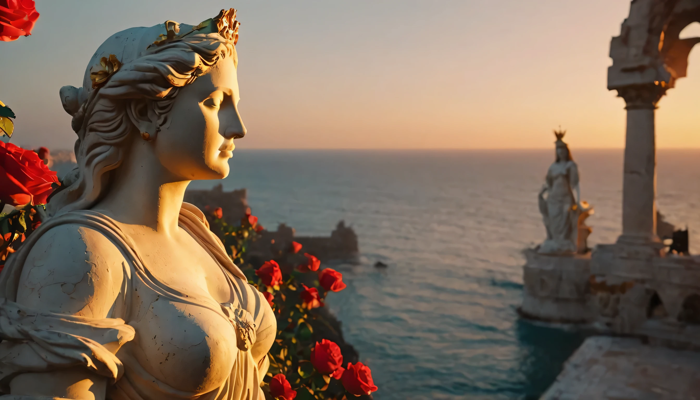 roses around Sunset Epic look on atlantis ancient city ruins white stone we see statue all body beautiful white old cracks stone statue whit little bit of gold cracks on face of woman god statue roses around we see ocean from distance l Ultra-realistic, artistic, cinematic lighting, smooth details, masterpiece, perfect perspectiv, extremely finely drawn, high quality depth map, (Cold light source:1.2), Lonely, voluminous lighting, BREAK (tmasterpiece:1.2), (beste-Qualit), 4k, Ultra-detailed, (Dynamic composition: 1.4), Detailed, colorful details, (glowing color scheme: 1.2), (Glowing Lighting, Ambiance Lighting), dreamy, fantasy , (solo: 1.2)