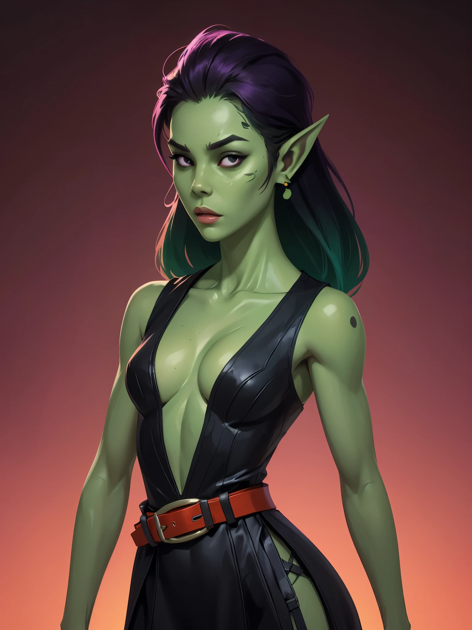 one githyanki girl, githyanki, (green skin, pointy ears, long ears:1.5), solo, (slender body:1.2), (muscular, upper body, bust:1.2), black eyes, black hair, (transparent dress, revealing outfit, tiny breasts, small breasts, male chest, cleavage, exposed body:1.5), bare shoulders, (belts, shoulder-belts:1.3), masterpiece, highly detailed, look at viewer, shiny blured orange background, gradient sprayed background, front view, gradient red purple background, blured background, glowing edges of image