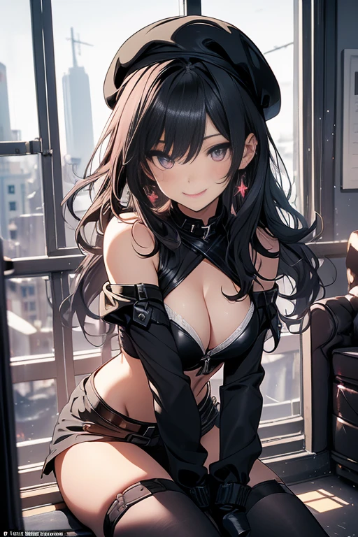 ubel,((ubel of Frieren: Beyond Journey's End )),dark green hair,long hair,side ponytail,hair between eyes,bangs, (miritary beret, black jacket, open clothes, cleavage, midriff, black shorts, black thighhighs, thigh strap, fingerless gloves, single glove:1.2) , (dynamic angle:1.3, front view:1.1, breast focus:1.3, from below:1.2), (dynamic posing:1.5, sexy posing:1.2, leaning forward), (seductive smiling:1.3),(*K) HD, highest quality, WorKs of masters, High resolution, spread legs, panties shot,1 girl, small nose,(with sparkling eyes and a contagious smile), very beautiful detailed face and eyes, bright colors, cute face, delicate beautiful face, Bright magenta eyes, cute eyes, sparkling eyes, Big eyes, (big breasts:1.3), (perky chest:1.1), (pointed chest:1.0), medium hips, glamorous body, white skin, smile, thin pubric hair, shiny hair, super beautiful face, Super beautiful eyes, Super beautiful hair,trendy outfit,sexy and attractive,explosion of colors,big hairpin,full body esbian,illegal occupation, Real World, Natural light,perfect Natural light,looking at viewer,