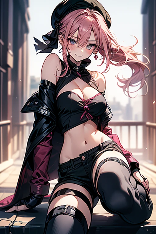 ubel,((ubel of Frieren: Beyond Journey's End )),dark green hair,long hair,side ponytail,hair between eyes,bangs, (miritary beret, black jacket, open clothes, cleavage, midriff, black shorts, black thighhighs, thigh strap, fingerless gloves, single glove:1.2) , (dynamic angle:1.3, front view:1.1, breast focus:1.3, from below:1.2), (dynamic posing:1.5, sexy posing:1.2, leaning forward), (seductive smiling:1.3),(*K) HD, highest quality, WorKs of masters, High resolution, spread legs, panties shot,1 girl, small nose,(with sparkling eyes and a contagious smile), very beautiful detailed face and eyes, bright colors, cute face, delicate beautiful face, Bright magenta eyes, cute eyes, sparkling eyes, Big eyes, (big breasts:1.3), (perky chest:1.1), (pointed chest:1.0), medium hips, glamorous body, white skin, smile, thin pubric hair, shiny hair, super beautiful face, Super beautiful eyes, Super beautiful hair,trendy outfit,sexy and attractive,explosion of colors,big hairpin,full body esbian,illegal occupation, Real World, Natural light,perfect Natural light,looking at viewer,