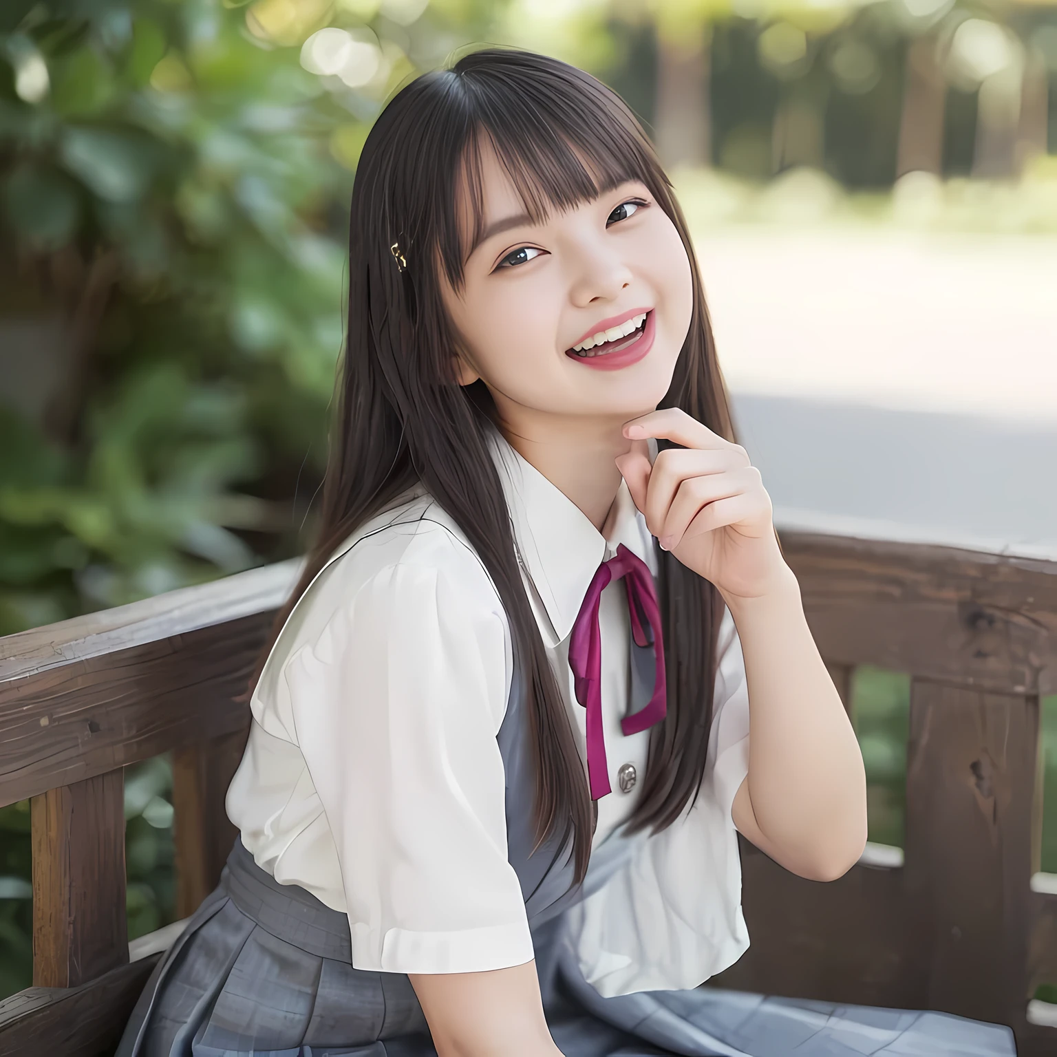 (highest quality、masterpiece:1.2)、highest quality、Realistic、photograph、High resolution、1080p、8K、The face is especially pale., Physical Rendering、((Height: 158cm)), one Japanese girl、((((((A 15-year-old beautiful Japanese fashion model succubus)))))), school summer uniform, ((((((She is a beautiful Japanese fashion model who is trying to captivate and dominate viewers with her beauty.)))))), (((big very detailed beautiful dark brown eyes))), ((impressive plain dark blue girly large glossy polyester Japanese school ribbon bow tie)), (((black very beautiful and very very long braids or very very long hair))), ((((cute gray box-pleated skirt)))), ((A gray school vest)), ((ivory blouse with puffed short sleeves)), (((((((laughing at me!))))))), Mouth open, detailed fingers, ((curled bangs)), Very beautiful succubus, ((Very large and very very very cute eyes of a Japanese girl, drawn with great care and attention to detail.)), double eyelids, Thin eyebrows, ((drooping eyes)), (((very long eyelashes))), ((cute lovely lovely laughing laughing cheeks)), ((Pure white light hits her face from above and in the front, making her skin and eyes shine beautifully.)), ((Strong light hits the nose and cheeks、It brings out the richness of the expression.)), (((((Her facial features are very expressive lovely smile, very very pure, very very intelligent.))))), ((tilting one's head))
