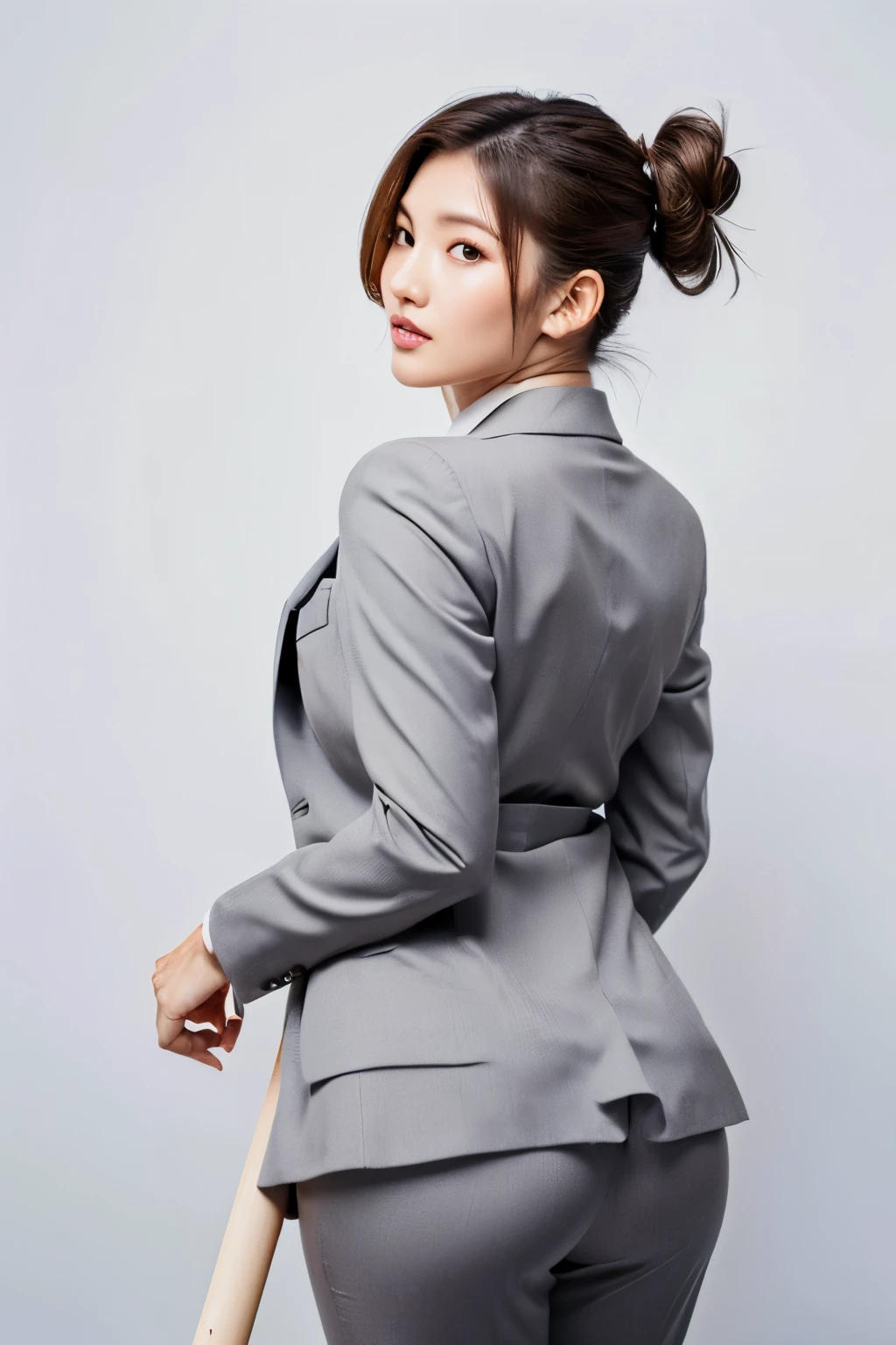 (highest quality, 8k, 32k, masterpiece, Ultra-high resolution:1.2), One girl, Beautiful Japanese Women, ((Plump Ass)), grey business suit,, office lady,, pants,, White wall background, ((Stick your butt out:1.2)), Detailed face, ((ponytail,Updo,short hair)), View your viewers,Bright white light illumination