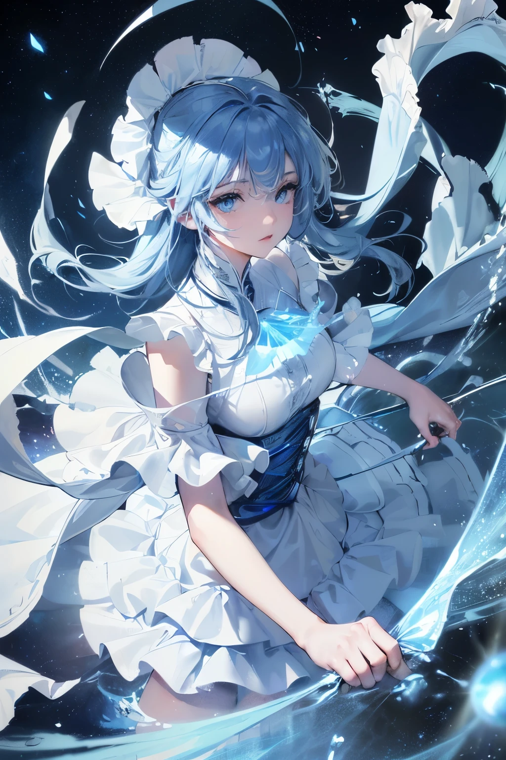 absurd, high resolution, (official art, Beautiful and beautiful:1.2), (myopia:1.15), (1 Girl, Blue Hair, Medium Length Hair, blue eyes, Bright Eyes, White long skirt, blue ruffle,:1.2) Blue sky, Glittering galaxies, (Salar de Uyuni:1.2), (Fractal Art:0.8), water effect, Ripple effect, (Flower Effect: 0.65), Lighting effects,