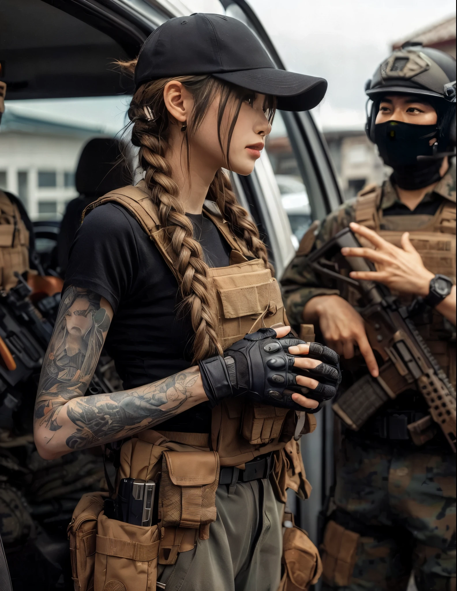 (best quality,8k,photorealistic:1.37),realistic skin texture,beautiful Japanese American Navy SEALs female member,automatic rifle,breaching team,faces,front of a personnel transport van,cap,braids,military pants,boots,tattoo,black T-shirt,body armor,looking through the window of a car from the outside,talking to the driver,toned physique,interesting composition