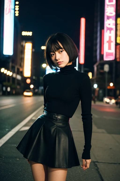 masterpiece,(highest quality:1.3),Ultra-high resolution,RAW Photos,Detailed skin,style: Realistic photos,One girl,Bob,Full body portrait,profile,black tights,black high heels,black tight skirt,black turtleneck,Long sleeve,Black corde,night,Neon Town,nightの銀座,building