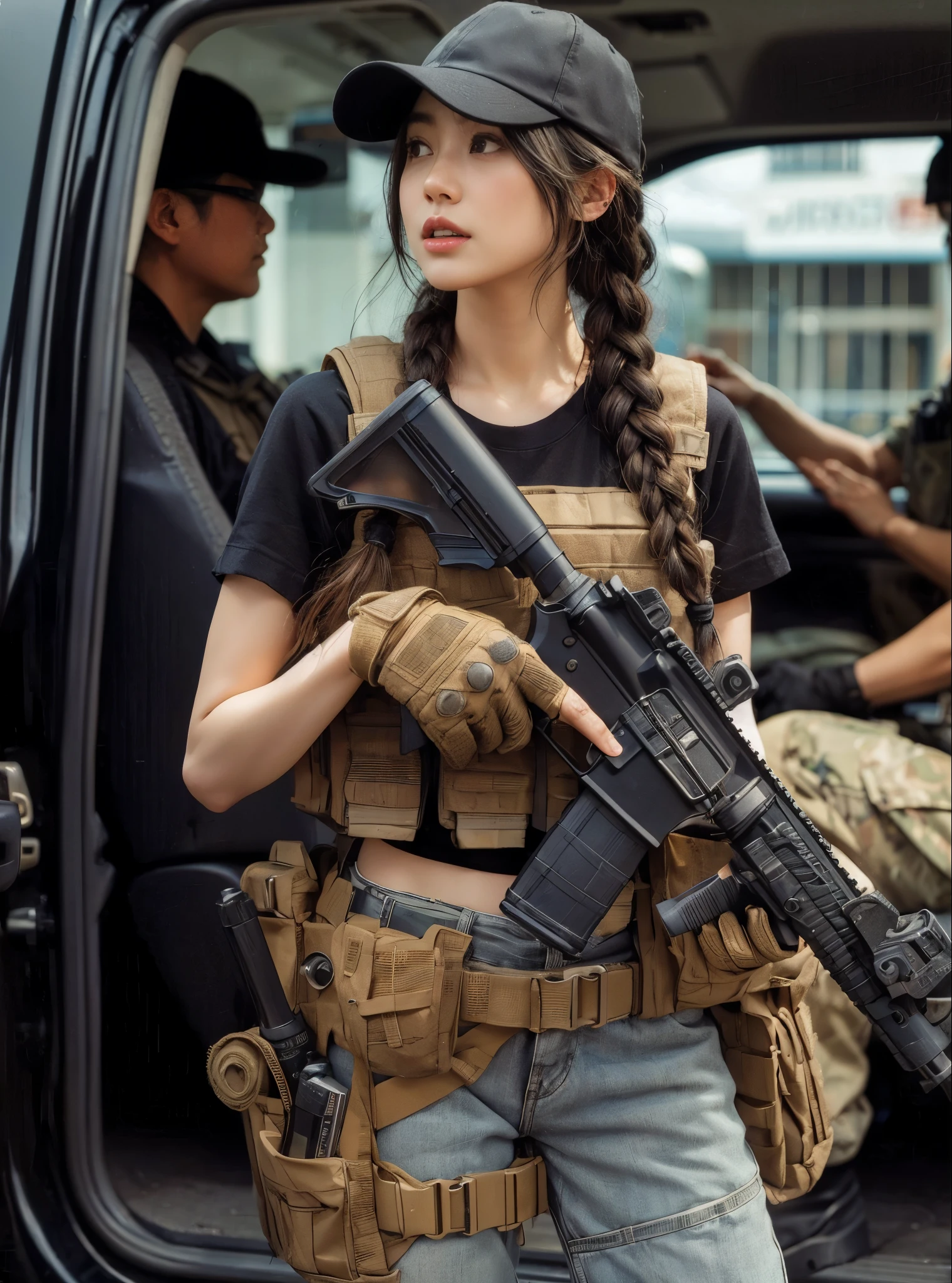 (best quality,8k,photorealistic:1.37),realistic skin texture,beautiful Japanese American Navy SEALs female member,automatic rifle,breaching team,faces,front of a personnel transport van,cap,braids,military pants,boots,tattoo,black T-shirt,body armor,looking through the window of a car from the outside,talking to the driver,toned physique,interesting composition