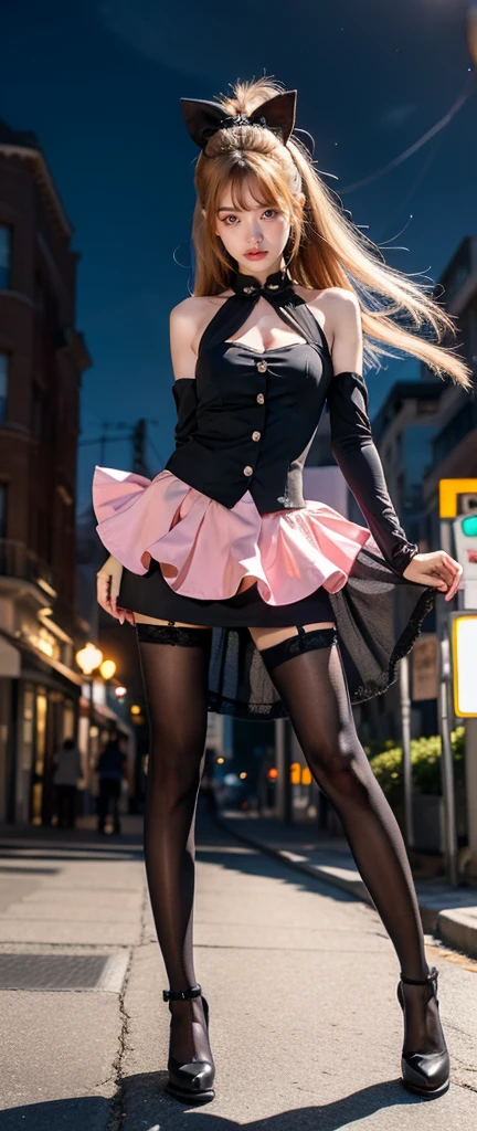 Woman posing on the street wearing a short skirt and black top, anime girl wearing a black dress, anime girl, realistic anime, anime girl, Realistic animated 3D style, anime girl in a maid costume, beautiful magical girl, Animated Barbie in Black Stockings