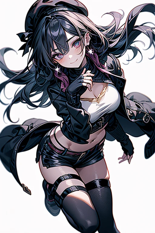 (milf,gigantic breasts, sagging breasts, mature female, ,thick thighs,) 1girl, BRSEXTRA, purple eyes, coat, collar, jacket, long hair, scar, shorts, black bikini top, star \(symbol\), swimsuit, twintails, uneven twintails