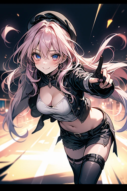 ubel,((ubel of Frieren: Beyond Journey's End )),dark green hair,long hair,side ponytail,hair between eyes,bangs, (miritary beret, black jacket, open clothes, cleavage, midriff, black shorts, black thighhighs, thigh strap, fingerless gloves, single glove:1.2) , (dynamic angle:1.3, front view:1.1, breast focus:1.3, from below:1.2), (dynamic posing:1.5, sexy posing:1.2, leaning forward), (seductive smiling:1.3),(*K) HD, highest quality, WorKs of masters, High resolution, spread legs, panties shot,1 girl, small nose,(with sparkling eyes and a contagious smile), very beautiful detailed face and eyes, bright colors, cute face, delicate beautiful face, Bright magenta eyes, cute eyes, sparkling eyes, Big eyes, (big breasts:1.3), (perky chest:1.1), (pointed chest:1.0), medium hips, glamorous body, white skin, smile, thin pubric hair, shiny hair, super beautiful face, Super beautiful eyes, Super beautiful hair,trendy outfit,sexy and attractive,explosion of colors,big hairpin,full body esbian,illegal occupation, Real World, Natural light,perfect Natural light,looking at viewer,