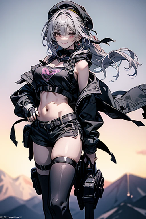 ubel,((ubel of Frieren: Beyond Journey's End )),dark green hair,long hair,side ponytail,hair between eyes,bangs, (miritary beret, black jacket, open clothes, cleavage, midriff, black shorts, black thighhighs, thigh strap, fingerless gloves, single glove:1.2) , (dynamic angle:1.3, front view:1.1, breast focus:1.3, from below:1.2), (dynamic posing:1.5, sexy posing:1.2, leaning forward), (seductive smiling:1.3),(*K) HD, highest quality, WorKs of masters, High resolution, spread legs, panties shot,1 girl, small nose,(with sparkling eyes and a contagious smile), very beautiful detailed face and eyes, bright colors, cute face, delicate beautiful face, Bright magenta eyes, cute eyes, sparkling eyes, Big eyes, (big breasts:1.3), (perky chest:1.1), (pointed chest:1.0), medium hips, glamorous body, white skin, smile, thin pubric hair, shiny hair, super beautiful face, Super beautiful eyes, Super beautiful hair，trendy outfit，sexy and attractive，explosion of colors，big hairpin，full body esbian，illegal occupation, Real World, Natural light,perfect Natural light,looking at viewer,