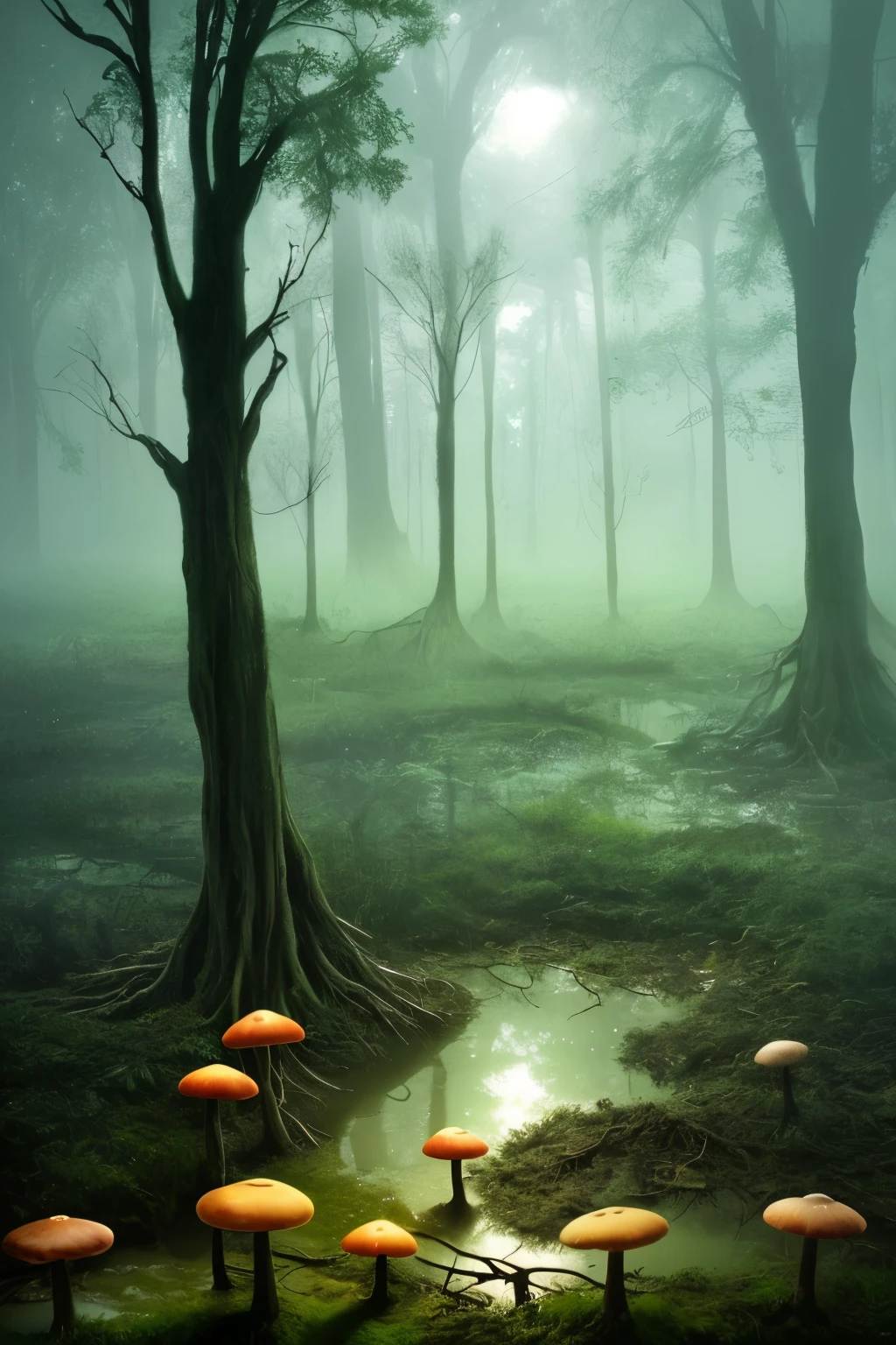 Evening forest, a mystical swamp scene, ethereal twilight shrouds the trees in a haze of mystery, gnarled roots and twisted branches embracing the still waters, diorama macro photography captures every intricate detail, lying in a dream-like landscape of mist and history, atmospheric fog and liquid mud, luminescent mosquito clouds emit an otherworldly glow, surreal water art reflects the fading sun and broken branches, damaged tree trunks and plants display an aged beauty, glowing flower-shaped mushrooms rise from the damp earth, slimy reflections shimmer in the dusk, (masterpiece: 1.8, best quality), (ext