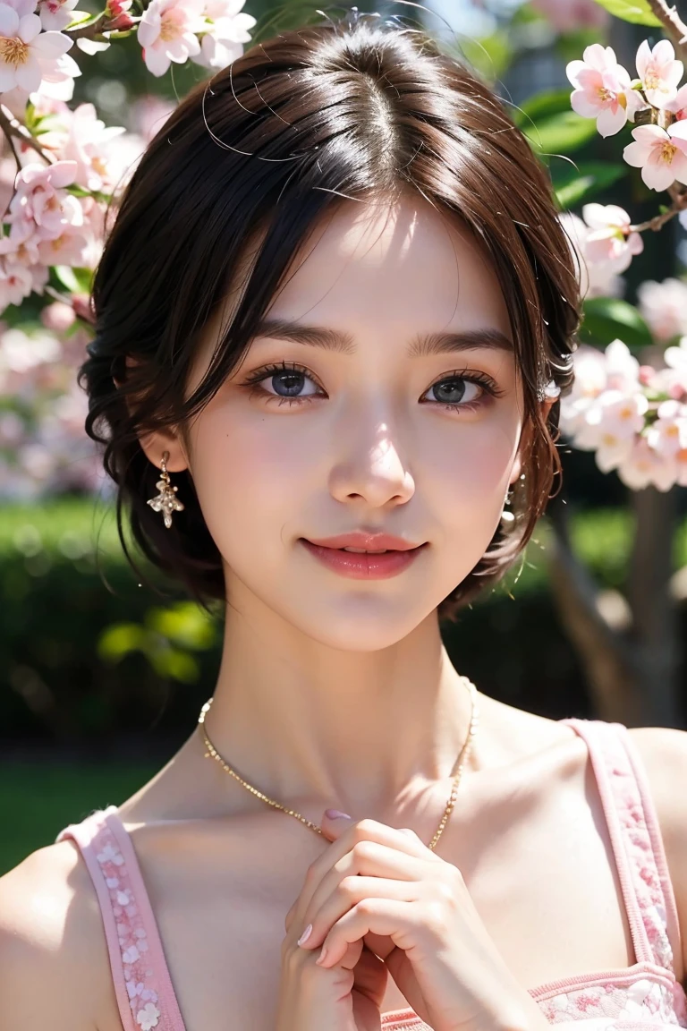 Save this image、Pale face and eyes:1.3、薄くてPale face and eyes:1.3, blue eyes:1.3、{highest quality}, {{masterpiece}}, {Very delicate and beautiful}, Outstanding light and shadow, Highly detailed wallpaper, Sunny and bright sunlight, whole body, whole body、 1 girl, , blush:1.2、薄い茶colorの髪:1.5, Short Bob Hair:1.3, Strong sunlight,  (chinese cheongsam:1.5,Deep slit)、Delicate Hair,Realistic skin texture, B cup breasts、visible wrinkles on the skin., Broad shoulders:1.2, ((a strong light shines on your face:1.5)), color々Strike a Pose:1.5, necklace、ring、earrings、歯を見せたsmile:1,5、smile:1.5、Background of a park with cherry blossoms in full bloom:1.5, Ray Tracing、写真内にwhole bodyをおさめる