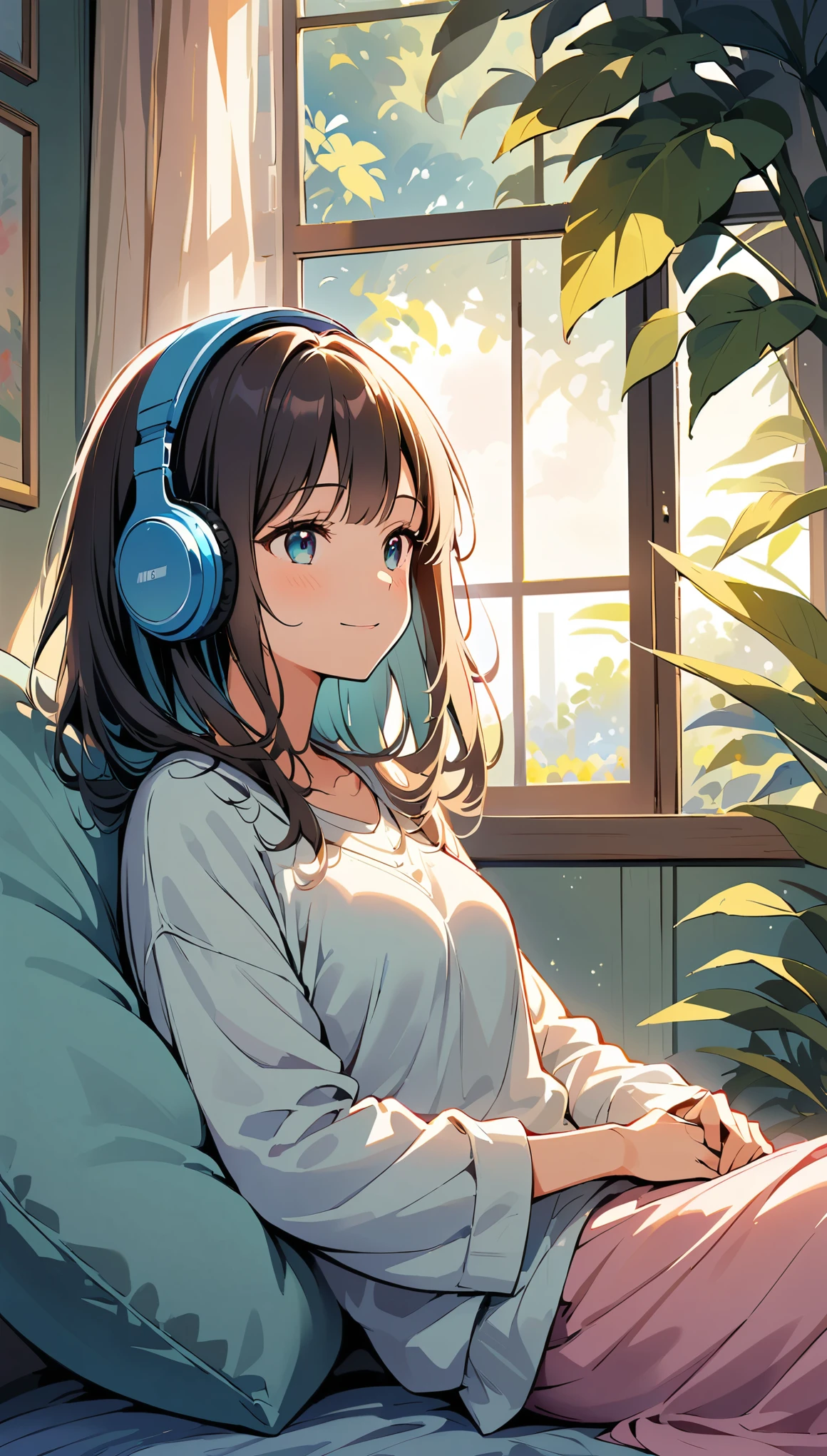 (a woman relaxing, wearing headphones),illustration,pastel colors,soft lighting,peaceful atmosphere,cozy environment,comfortable seating,beautiful plants and flowers,comfortable clothing,relaxed posture,vibrant music playing in the background,blissful expression on her face,carefree and serene vibe,airy and spacious room,cushions and blankets for added comfort,subtle hints of sunlight coming through the window,subtle bokeh effect,gentle breeze rustling the curtains,transcendent experience,joyful and carefree spirit,symbolic representation of relaxation and inner peace.