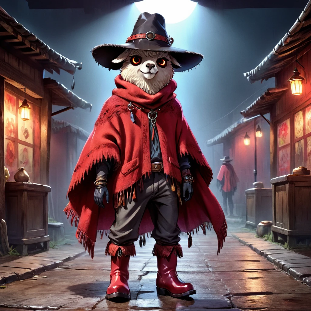 Anime cartoon anthropomorphic alpaca Gaucho, hat, red poncho, boots, dangerous one-eyed shaggy scary, scars on the muzzle, sinister smile, cinematic, dramatic lighting., ultra HD, vivid colors, high detail, pen and ink style, perfect composition, high quality, neon ambiance, abstract black oil textures, , detailed acrylic. rendered in Unreal Engine for a photorealistic ,High Quality, Masterpiece. best quality, super detail