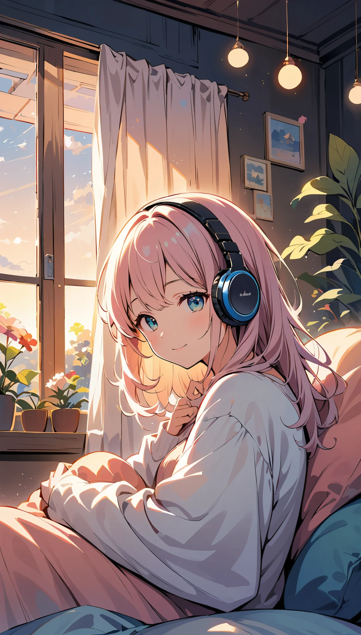 (a woman relaxing, wearing headphones),illustration,pastel colors,soft lighting,peaceful atmosphere,cozy environment,comfortable seating,beautiful plants and flowers,comfortable clothing,relaxed posture,vibrant music playing in the background,blissful expression on her face,carefree and serene vibe,airy and spacious room,cushions and blankets for added comfort,subtle hints of sunlight coming through the window,subtle bokeh effect,gentle breeze rustling the curtains,transcendent experience,joyful and carefree spirit,symbolic representation of relaxation and inner peace.