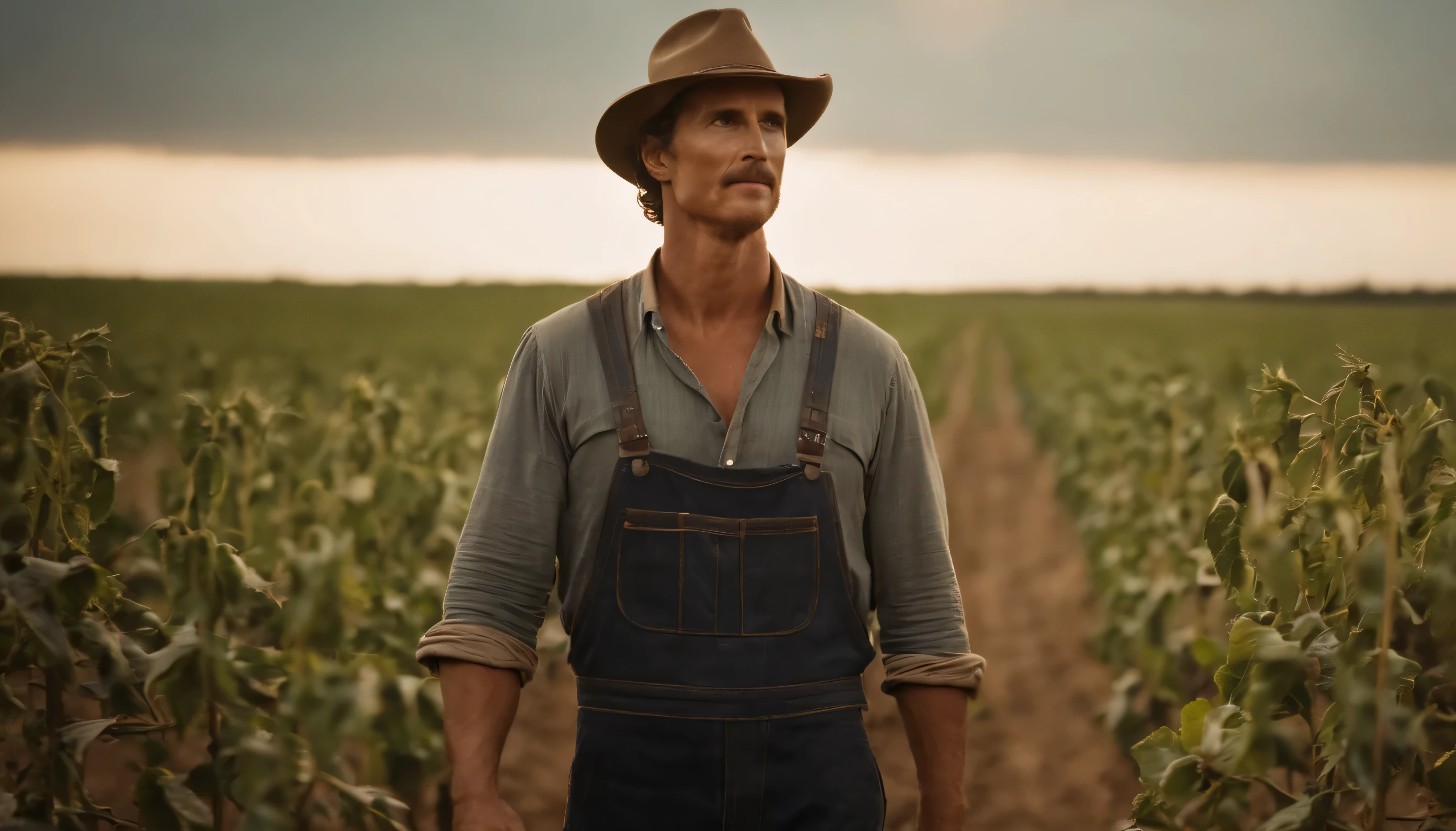 A vintage-style panavision shot of Matthew McConaughe as a rugged farmer, in a casual clothes, standing amidst his crops, gazing up at the stars with determination.