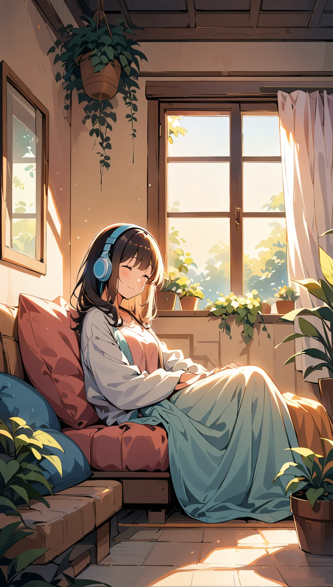 (a woman relaxing, wearing headphones),illustration,pastel colors,soft lighting,peaceful atmosphere,cozy environment,comfortable seating,beautiful plants and flowers,comfortable clothing,relaxed posture,vibrant music playing in the background,blissful expression on her face,carefree and serene vibe,airy and spacious room,cushions and blankets for added comfort,subtle hints of sunlight coming through the window,subtle bokeh effect,gentle breeze rustling the curtains,transcendent experience,joyful and carefree spirit,symbolic representation of relaxation and inner peace.