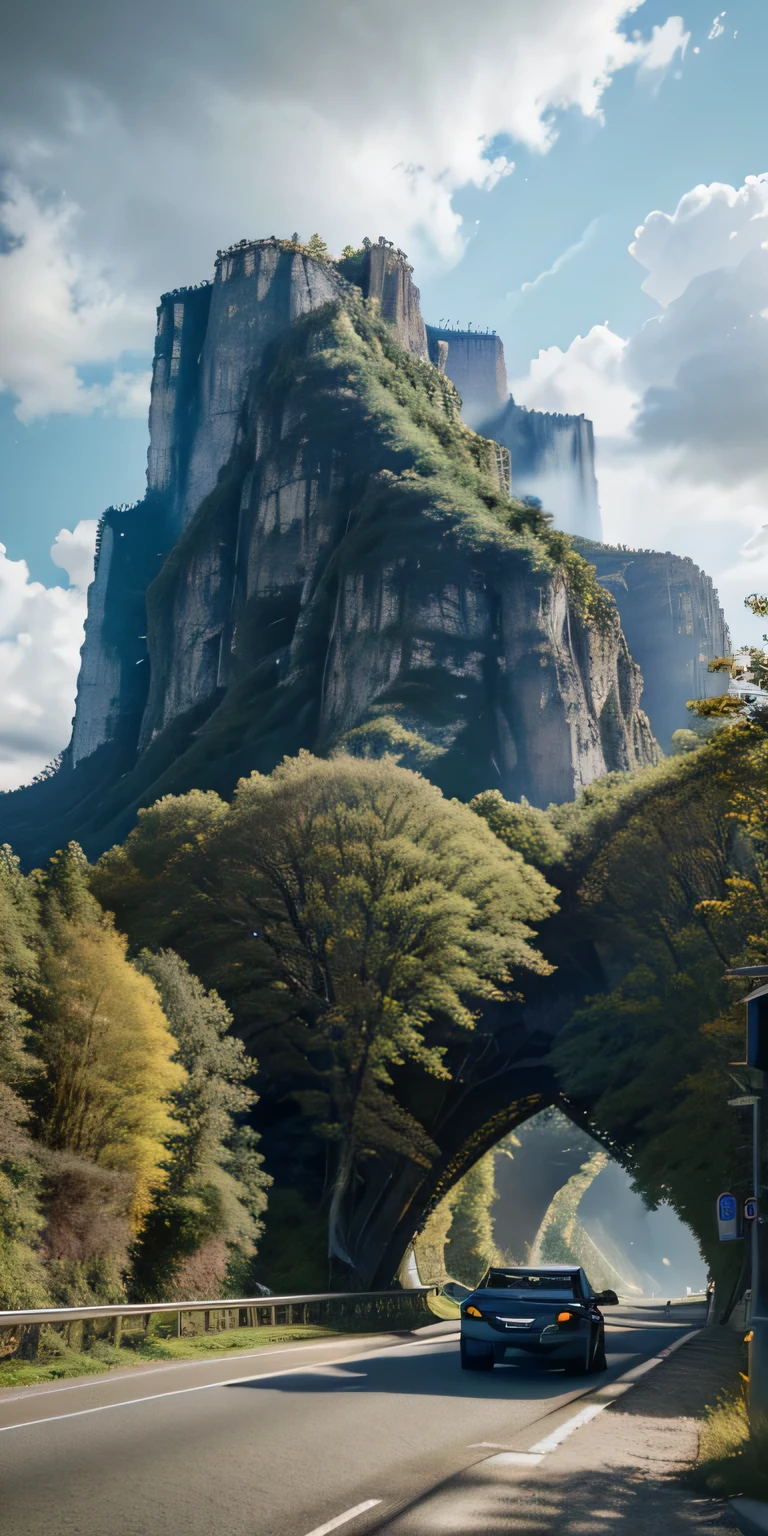 Masterpiece, Top quality, High quality, Highly detailed CG unity 8k wallpaper, Scenery, Outdoors, Sky, Clouds, Sun, No people, Mountains, Scenery, Water, Trees, Blue sky, Waterfalls, Cliffs, Nature, Lakes, Rivers , cloudy sky, award-winning photography, bokeh, depth of field, HDR, bloom, chromatic aberration, photorealistic, highly detailed, artstation trend, CGsociety trend, complex, high detail, dramatic, on the road art