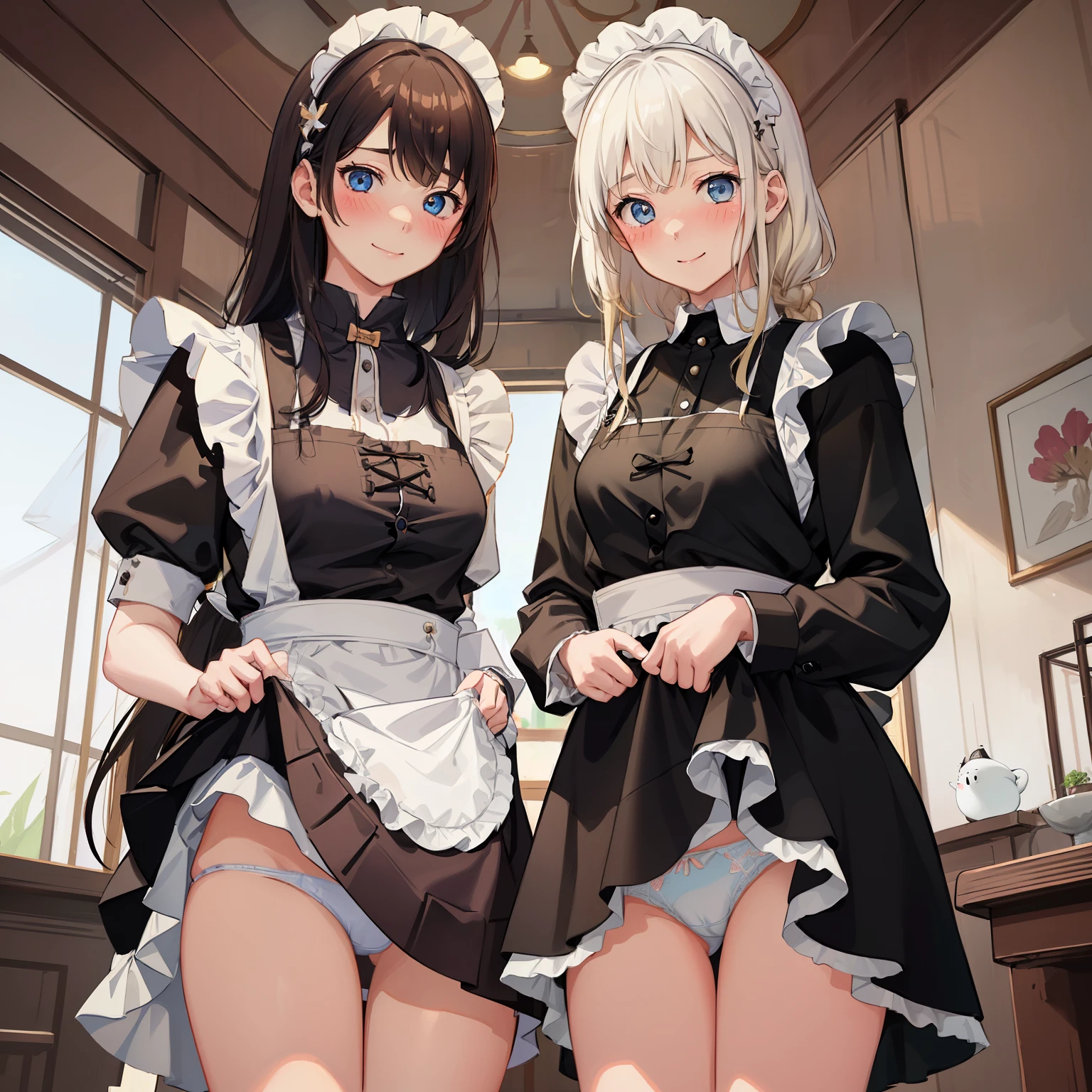 highest quality、masterpiece、((2 girls))、((smile))、(blush:1.3)、Black Shirt、blouse、((fun!!))、(Small breasts)、(single braid)、(Blonde)、()、((White apron:1.5))、((Maid))、((hair ornaments)),、Kamimei、look at me、 ((in house:1.5))、 Taking a break from watching the audience、Cowboy Shot、(skirt lift:1.3),(Highly detailed white panties:1.3)、(Highly detailed panties:1.3)、、(スカート that rolls up:1.3)、(Panties fully exposed:1.5)、Light blue eyes、