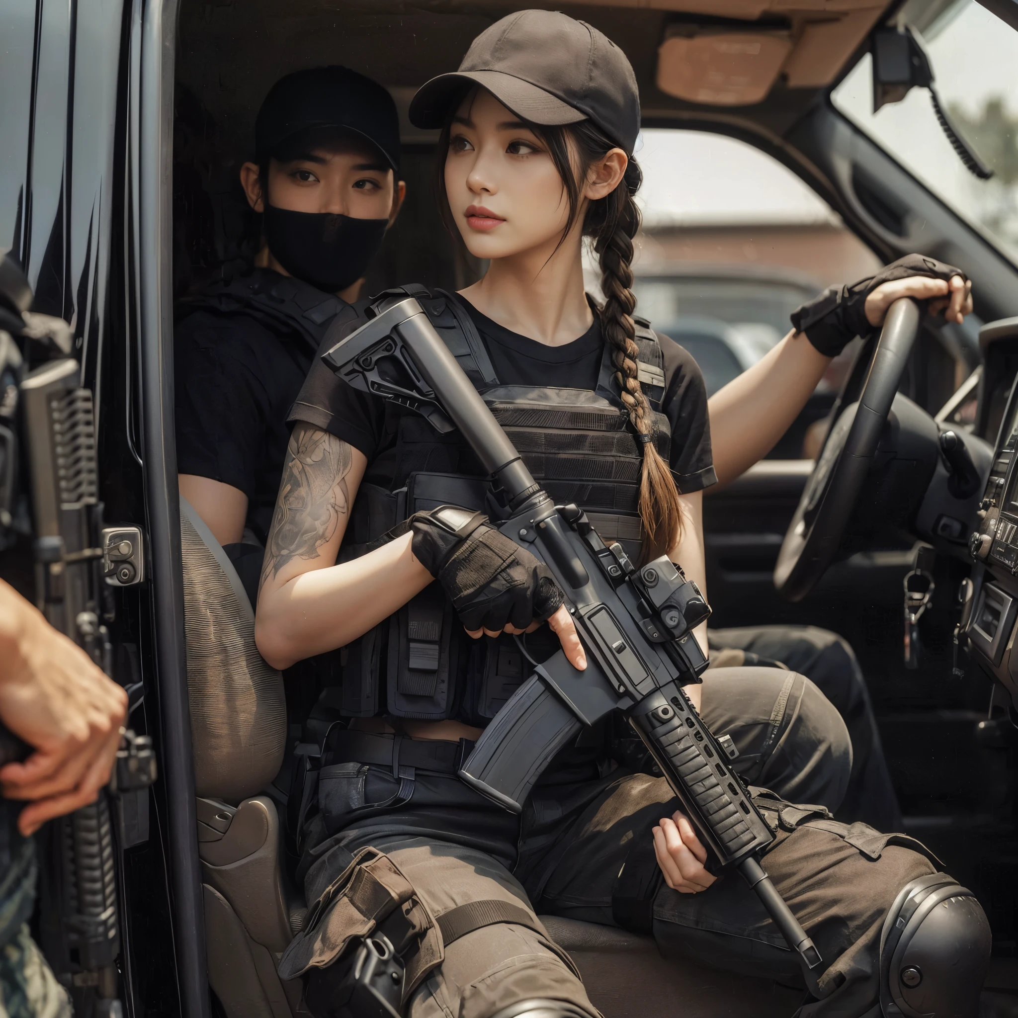 (best quality,8k,photorealistic:1.37),realistic skin texture,beautiful Japanese American Navy SEALs female member,automatic rifle,breaching team,faces,front of a personnel transport van,cap,braids,military pants,boots,tattoo,black T-shirt,body armor,looking through the window of a car from the outside,talking to the driver,toned physique,interesting composition