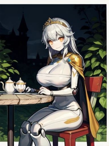 masterpiece, highest quality,One girl,alone, Robot Girl, Humanoid Robot,robot joints, Orange eyes,Long Hair, (Skin of color),Huge breasts,tiara, jewelry, Dress in Armor,Gold border, No sleeve,Cape,background castle, (Outdoor),garden,Sitting, on the chair,Teacups on the table, Armrest, (Over the table), A light smile