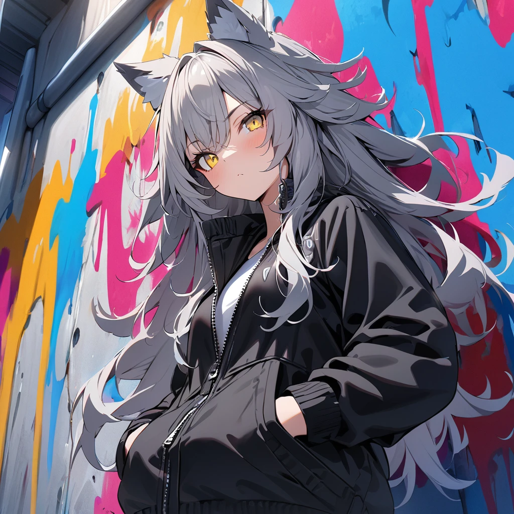 masterpiece, best quality, ultra-detailed, 1girl, wolf girl, gray hair, long hair, wild hair, ruffled hair, wolf ears, one eye behind hair, yellow eye, black jacket, open zipper, hands in pocket, upper body, in front of wall, colorful graffiti on wall, from below