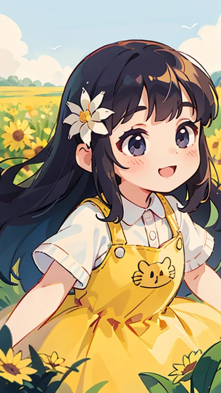 (Realistic image), Sharp Face, Cartoon Images, little fat girl, pretty girl, smile, (Princess Dress), Long Hair, flower field background,