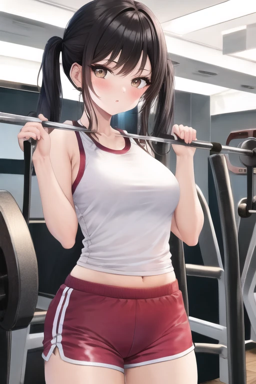 ((best quality)), ((masterpiece)), ((detailed)), (((perfect face))), (((slender 18yo teenage girl))), ((((medium breasts)))), ((((topless)))), ((((skimpy black cycling shorts)))), ((dark brown hair)), ((short ponytail)), (((blue eyes))), ((shy:1.3)), ((blushing:1.5)), (((bare chest))), ((bare stomach)), ((bare shoulders)), (((bare arms))), (((standing))), ((((indoor gym)))), ((((detailed background))))