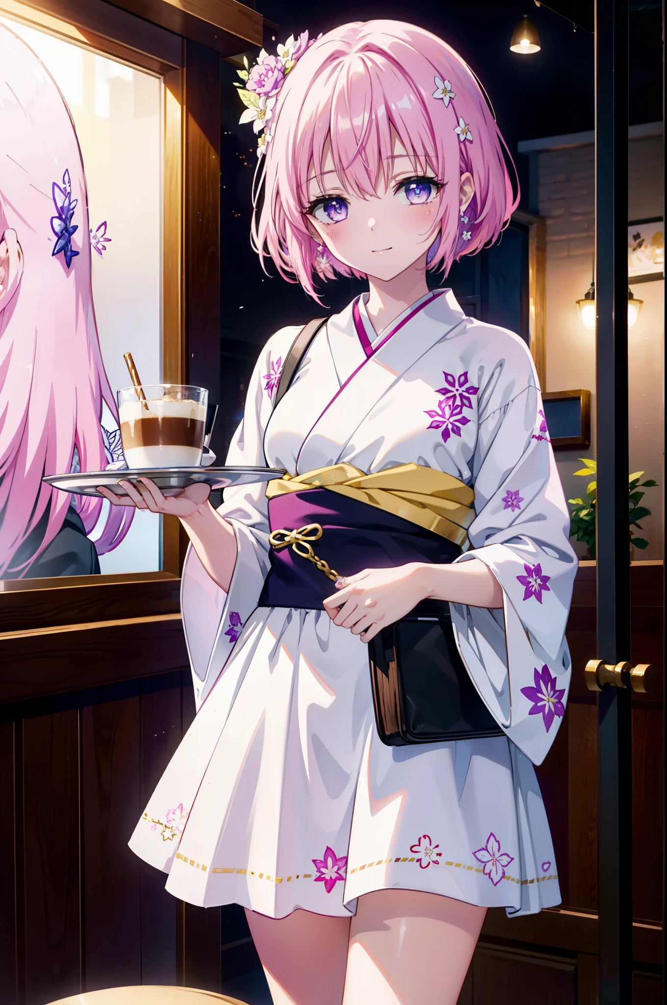 Momodeviluke, Deviluke type, demon tail, Hair Flowers, hair ornaments, (Purple eyes:1.1), Pink Hair, short hair, tail, smile,
break demon tail, Long Hair,happy smile, smile, Open your mouth,blush,Idol-style white kimono,long furisode,White Mini Skirt,White tights,Zori sandals,tray, tray in one hand,A beautiful waitress with Long Hair comes to the table to take our order,As if your whole body is in the illustration,Daytime,Clear skies,
break looking at viewer, (Cowboy Shot:1. 5)
break indoors, coffee shop, 
break (masterpiece:1.2), highest quality, High resolution, unity 8k wallpaper, (figure:0.8), (beautiful detailed eyes:1.6), extremely detailed face, Perfect lighting, extremely detailed CG, (Perfect hands, Perfect Anatomy),