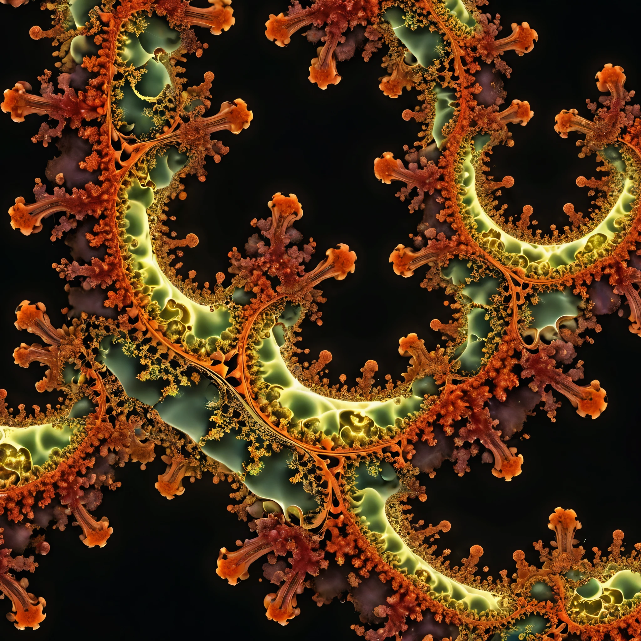 Dive deep into Mandelbrot's fractal world, portraying a surreal fusion of his mathematical intricacies with the organic elements of a futuristic Eden.