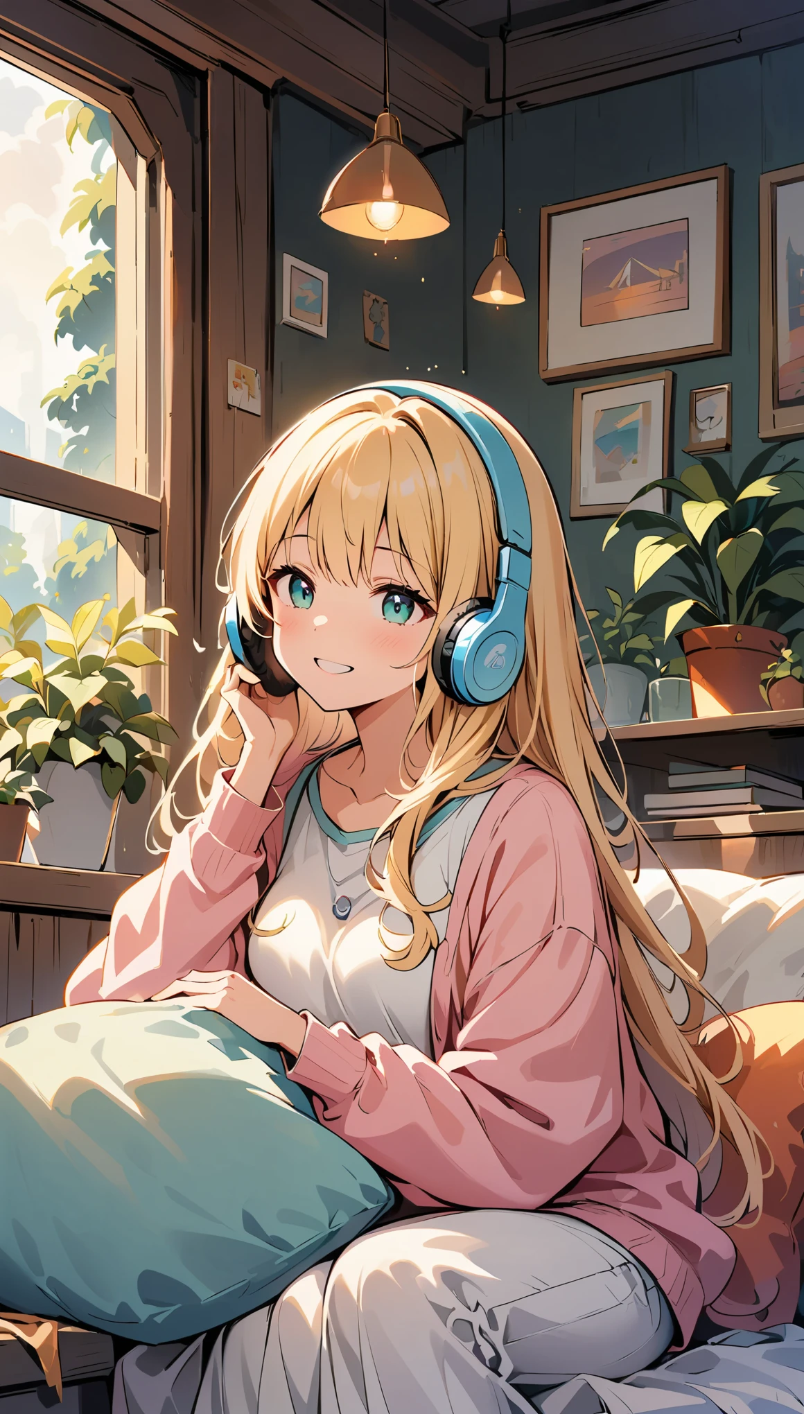 (Woman wearing headphones and relaxing)、An illustration、pastel colour、Soft lighting、Peaceful atmosphere、Cozy environment、Comfortable seats、Beautiful plants and flowers、comfortable clothing、Relaxed posture、Lively music playing in the background、The blissful look on her face、A relaxed and calm atmosphere、Well-ventilated space々room、Extra comfortable cushions and blankets、A subtle hint of sunlight streaming through the window、subtle bokeh effect、A gentle breeze rustling the curtains、transcendental experience、A fun and carefree spirit、Symbolic expression of relaxation and inner peace。