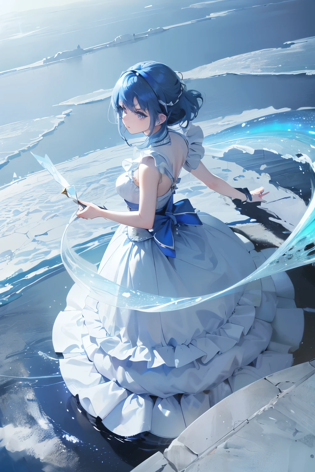 absurd, high resolution, (official art, Beautiful and beautiful:1.2), (myopia:1.15), (1 Girl, Blue Hair, Medium Length Hair, blue eyes, Bright Eyes, White long skirt, blue ruffle,:1.2) Blue sky, Glittering galaxies, (Salar de Uyuni:1.2), (Fractal Art:0.8), water effect, Ripple effect, (Flower Effect: 0.65), Lighting effects,