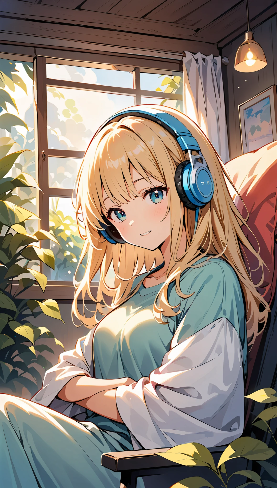 (Woman wearing headphones and relaxing)、An illustration、pastel colour、Soft lighting、Peaceful atmosphere、Cozy environment、Comfortable seats、Beautiful plants and flowers、comfortable clothing、Relaxed posture、Lively music playing in the background、The blissful look on her face、A relaxed and calm atmosphere、Well-ventilated space々room、Extra comfortable cushions and blankets、A subtle hint of sunlight streaming through the window、subtle bokeh effect、A gentle breeze rustling the curtains、transcendental experience、A fun and carefree spirit、Symbolic expression of relaxation and inner peace。
