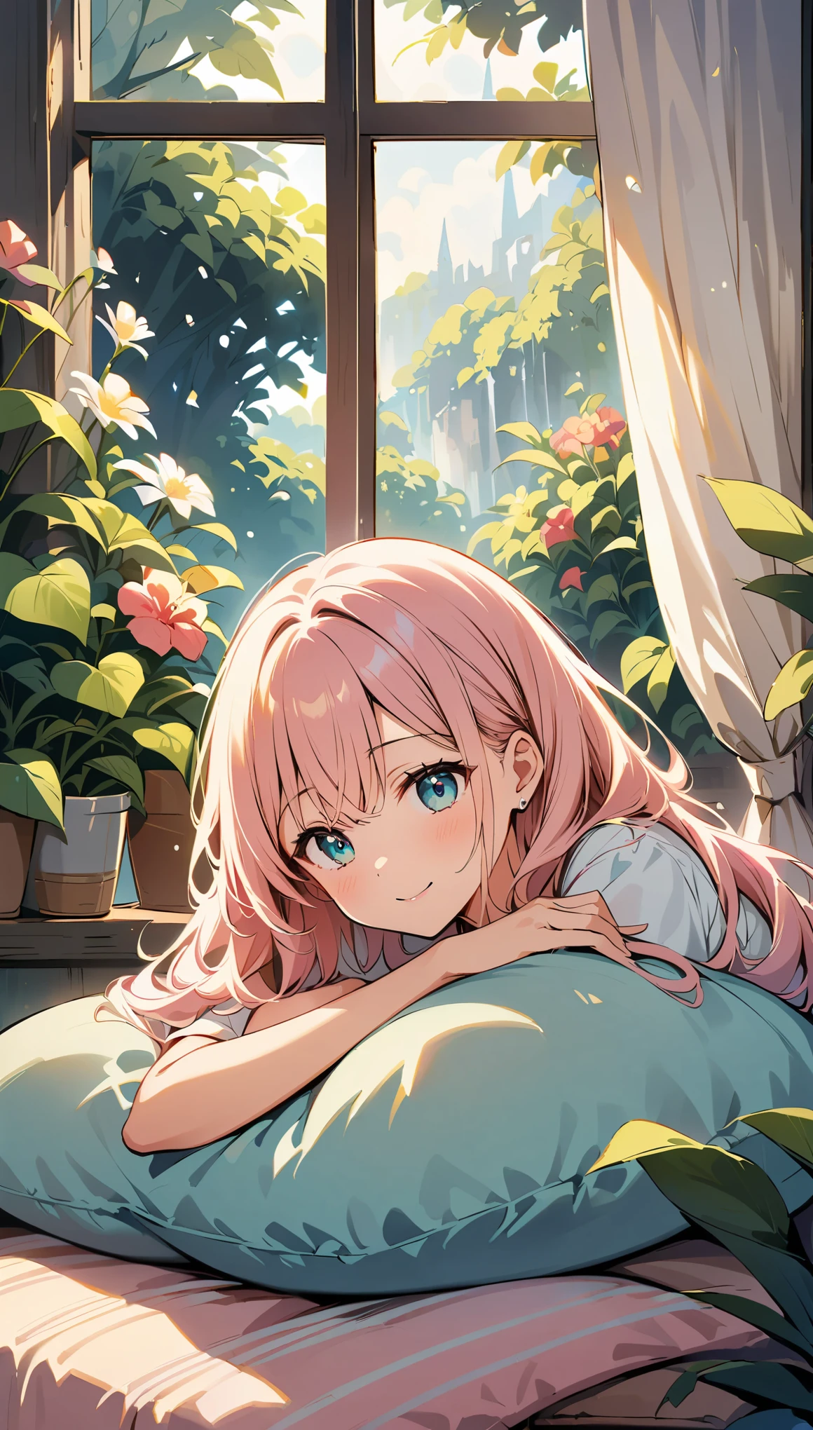 (Woman wearing headphones and relaxing)、An illustration、pastel colour、Soft lighting、Peaceful atmosphere、Cozy environment、Comfortable seats、Beautiful plants and flowers、comfortable clothing、Relaxed posture、Lively music playing in the background、The blissful look on her face、A relaxed and calm atmosphere、Well-ventilated space々room、Extra comfortable cushions and blankets、A subtle hint of sunlight streaming through the window、subtle bokeh effect、A gentle breeze rustling the curtains、transcendental experience、A fun and carefree spirit、Symbolic expression of relaxation and inner peace。
