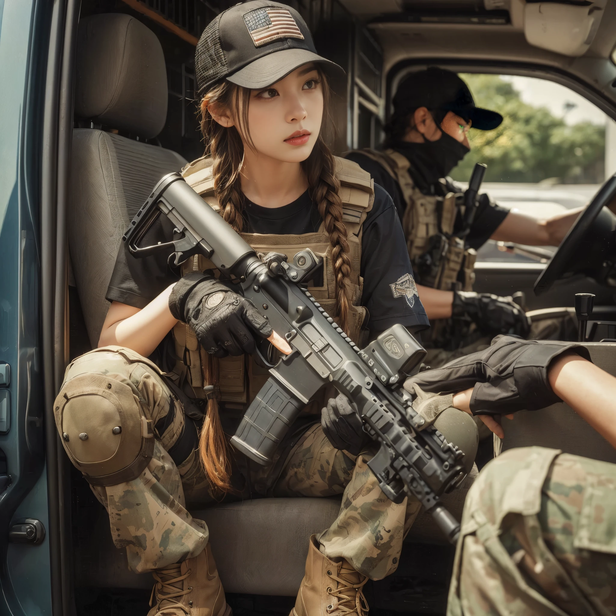 (best quality,8k,photorealistic:1.37),realistic skin texture,beautiful Japanese American Navy SEALs female member,automatic rifle,breaching team,faces,front of a personnel transport van,cap,braids,military pants,boots,tattoo,black T-shirt,body armor,looking through the window of a car from the outside,talking to the driver,toned physique,interesting composition