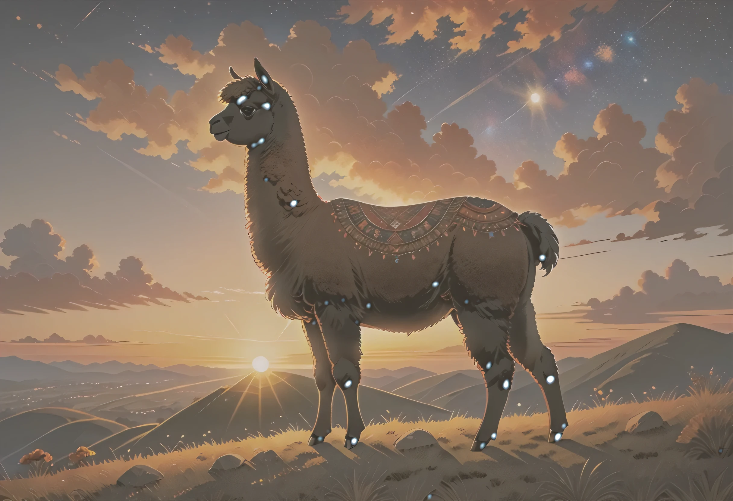 high details, best quality, 16k, [ultra detailed], masterpiece, best quality, a picture of an alpaca standing on a hilltop at sunset, the alpaca body is dark and black and filled with stars ladyshadow, you can see the sun setting behind the alpaca, 