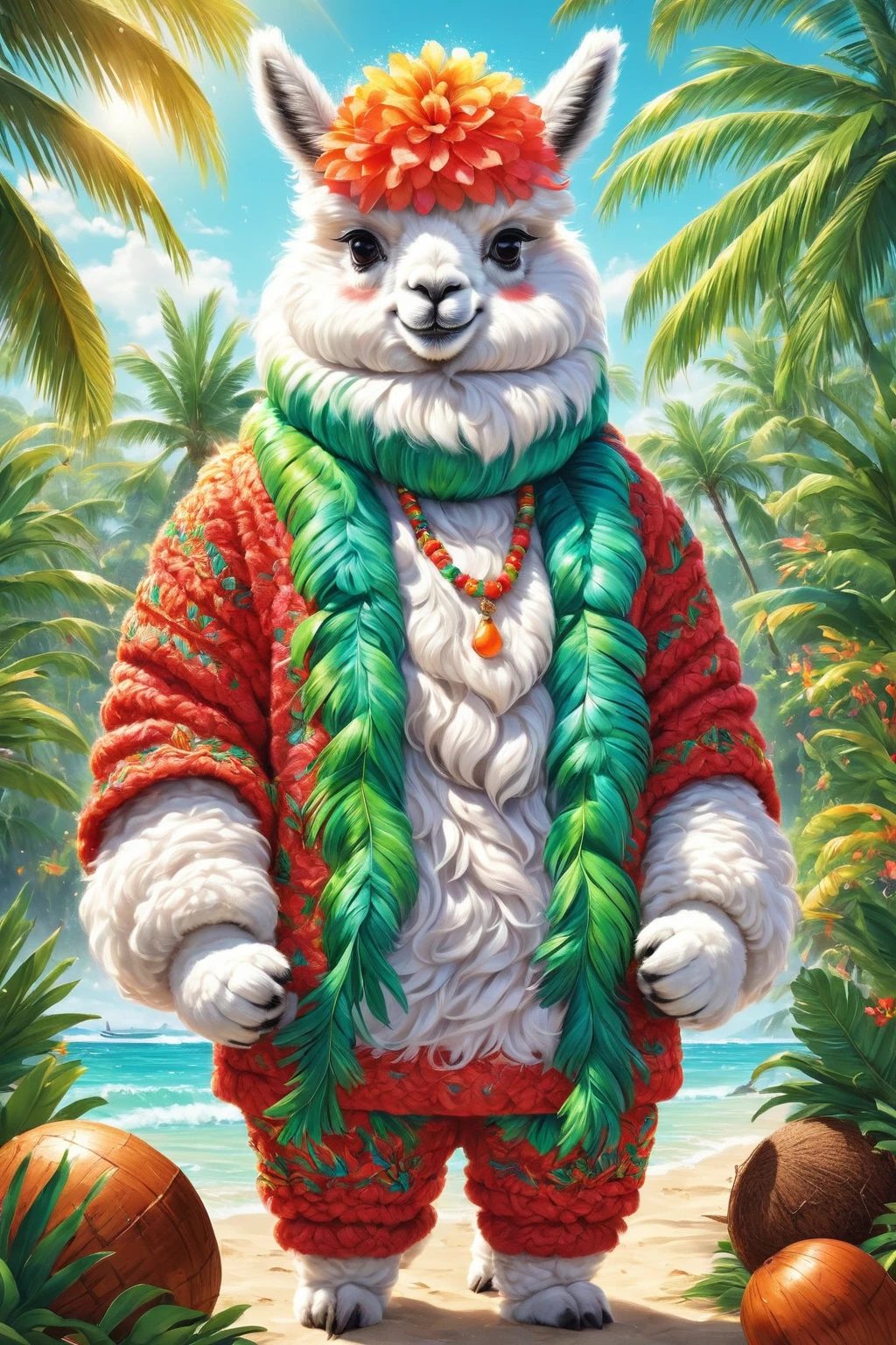 Imaginative illustrations，Tropical theme colors，毛茸茸的Alpaca，personification，Alpaca，Bright colors，Gorgeous，Dazzling accessories，Expressive faces，Standing，Luxurious fur，Shine brightly，warm sunshine，neon green，Intense teal with bright coral accents，The energy of a tropical paradise，Tiny glitter particles are scattered throughout their fur.，Suggesting the glitter of sunlight reflecting off the waves，Their paws gently hold a fresh coconut，Further strengthening the tropical theme
