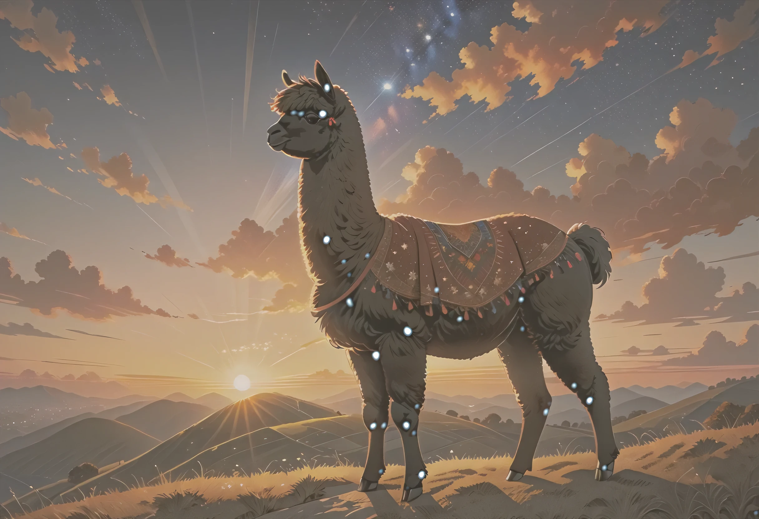high details, best quality, 16k, [ultra detailed], masterpiece, best quality, a picture of an alpaca standing on a hilltop at sunset, the alpaca body is dark and black and filled with stars ladyshadow, you can see the sun setting behind the alpaca, 