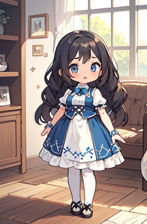 (masterpiece, highest quality), One girl, blue and white ruffle dress, (White Stockings), Cute face, Are standing, indoor, Intricate details, sunlight,grab big breasts,(:1.5),(:1.5),(Mini Girl:2.0),