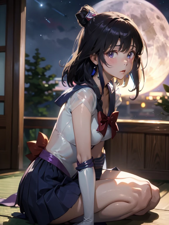 master piece,best quality,ultra detailed,8k,
ambient light,realistic skin,glossy skin,
(sailor_saturn)、sailor moon outfit、leaning forward、
(lie face down:1.3)、(the body is very wet:1.5)、yukata、Glossy lips、Slightly emphasize the lower lip、blush、Embarrassed expression、emphasizing the cleavage、
Fantastic night sky、full moon、Aurora、horizon、Open-air bath、Japanese inn、futon