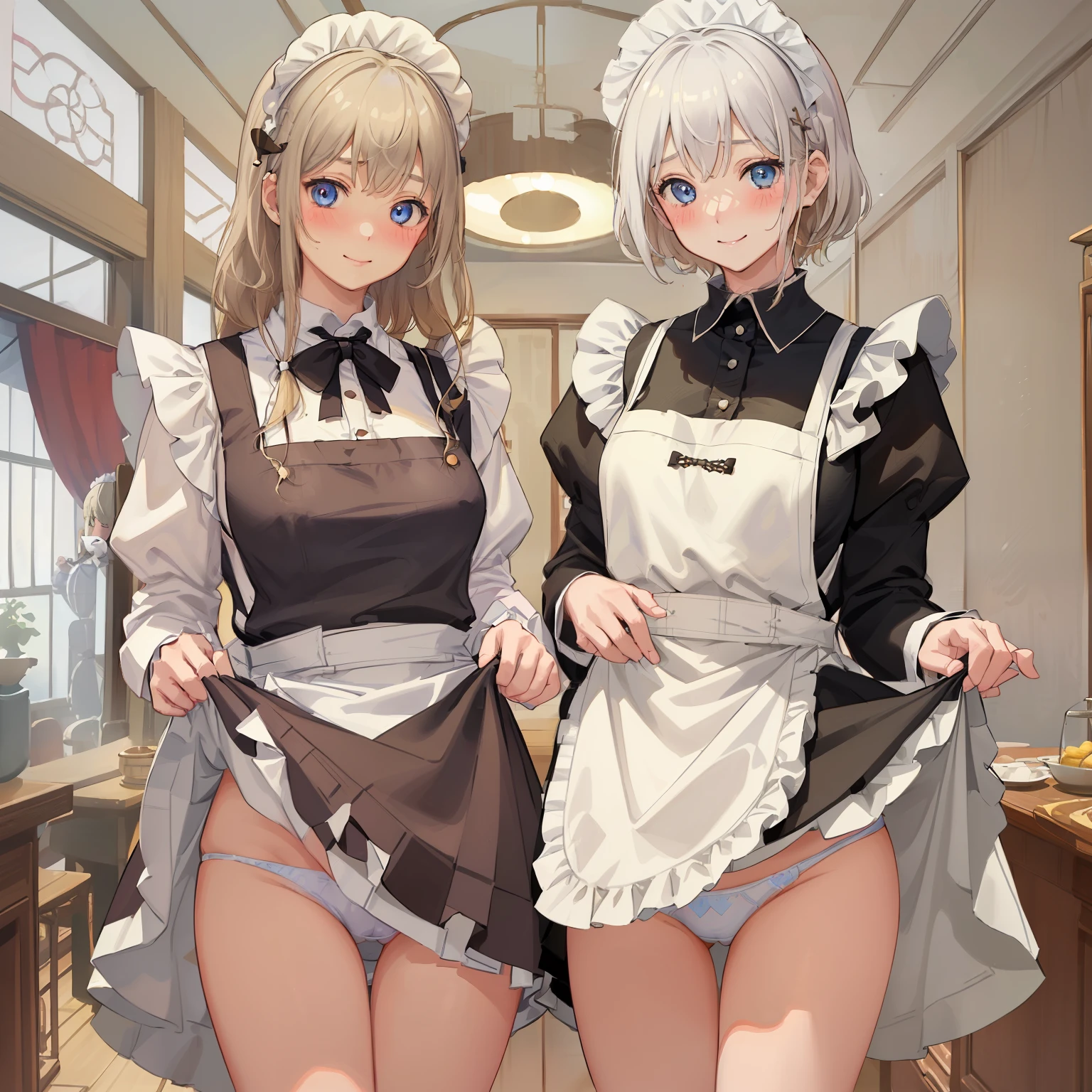 highest quality、masterpiece、((2 girls))、((smile))、(blush:1.3)、Black Shirt、blouse、((fun!!))、(Small breasts)、(single braid)、(Blonde)、()、((White apron:1.5))、((Maid))、((hair ornaments)),、Kamimei、look at me、 ((in house:1.5))、 Taking a break from watching the audience、Cowboy Shot、(skirt lift:1.3),(Highly detailed white panties:1.3)、(Highly detailed panties:1.3)、、(スカート that rolls up:1.3)、(Panties fully exposed:1.5)、Light blue eyes、