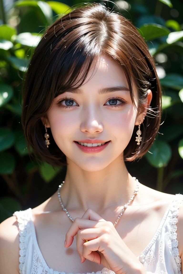 Save this image、correct number of fingers:1.5, Pale face and eyes:1.3、細くて薄くてPale face and eyes:1.3, blue eyes:1.3、{highest quality}, {{masterpiece}}, {Very delicate and beautiful}, Outstanding light and shadow, Highly detailed wallpaper, Sunny and bright sunlight, whole body, whole body、 1 girl, , blush、Short Bob Hair, Strong sunlight, White maxi dress:1.3, Delicate Hair,Realistic skin texture, visible wrinkles on the skin., Broad shoulders, ((a strong light shines on your face)), color々Strike a Pose:1.5, necklace、ring、earrings、Toothy smile:1,5