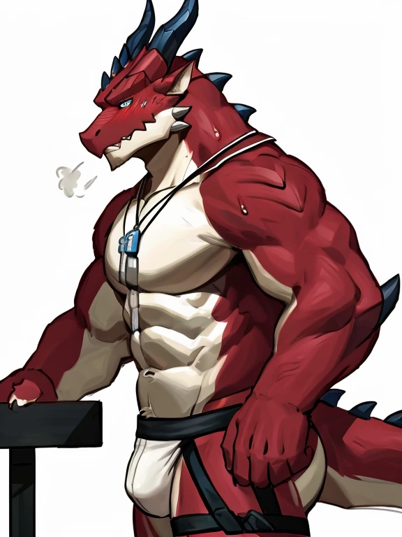 POV,top angle,sleep on stomach,lats,ezius,butt lift,kemono, anthro (dragon), male, (dragon), muscular, back, red body, white belly ,sweat, ((correct anatomy)),stand up, sexynd, white background, 1 boy, solo, wearing jockstrap, pain expression, canine tooth, hd, dark shadows, wide dynamic range, hdr, low light:1.2, front view, dragon, hairy, black and white fur, hairy, Sweating, Sparkling blue eyes, Big pink‚ with big‚ abs‚ handsome‚ sex, sad face, wearing white t- shirt, up view, high quality, super detail, short, 1080P, high quality, high quality, best quality, 8k, super detail, 16k, injury, bloods, body, side view, full view, whistle, look down at viewer