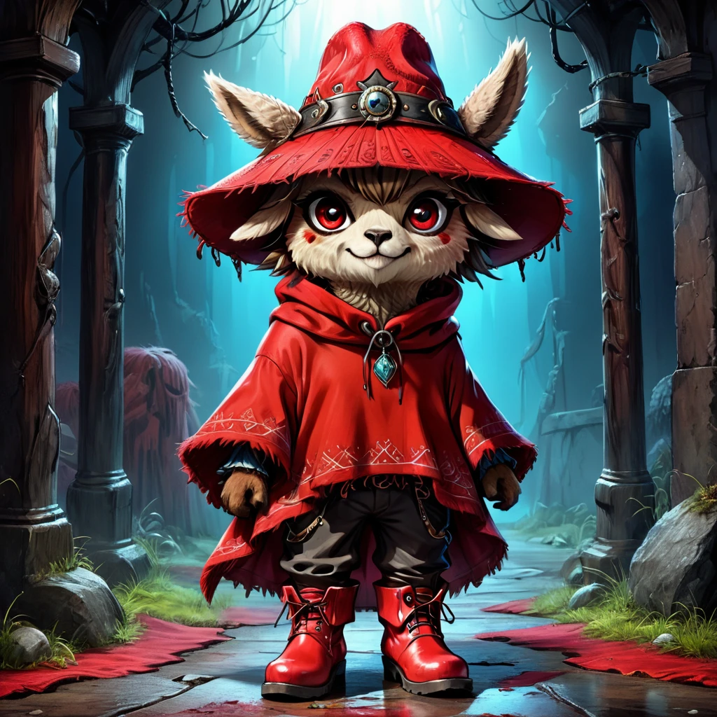 Anime cartoon alpaca Gaucho, hat, red poncho, boots, dangerous one-eyed shaggy scary, scars on the muzzle, sinister smile, cinematic, dramatic lighting., ultra HD, vivid colors, high detail, pen and ink style, perfect composition, high quality, neon ambiance, abstract black oil textures, , detailed acrylic. rendered in Unreal Engine for a photorealistic ,High Quality, Masterpiece. best quality, super detail