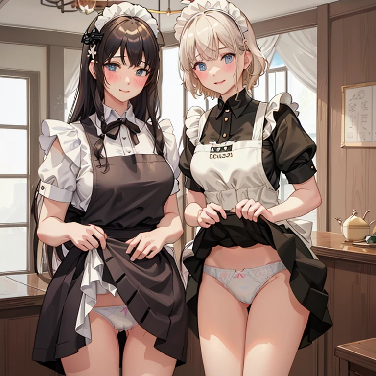 highest quality、masterpiece、((2 girls))、((smile))、(blush:1.3)、Black Shirt、blouse、((fun!!))、(Small breasts)、(single braid)、(Blonde)、()、((White apron:1.5))、((Maid))、((hair ornaments)),、Kamimei、look at me、 ((in house:1.5))、 Taking a break from watching the audience、Cowboy Shot、(skirt lift:1.3),(Highly detailed white panties:1.3)、(Highly detailed panties:1.3)、、(スカート that rolls up:1.3)、(Panties fully exposed:1.5)、Light blue eyes、