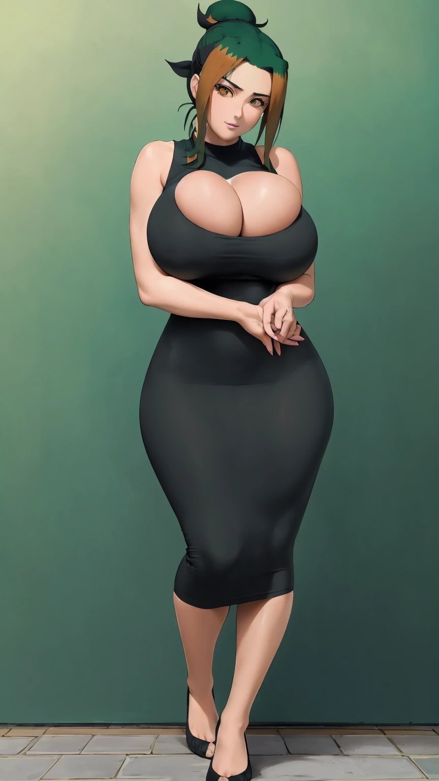 masterpiece, best quality, extremely detail 8k cg, high resolution, 1girl, pakura, green hair, orange eyes, slim body, huge breasts, bursting breasts, black tee shirt dress, sleeveless, cleavage, forhead protector, outdoors, garden, beautiful face, full shot photo, full body