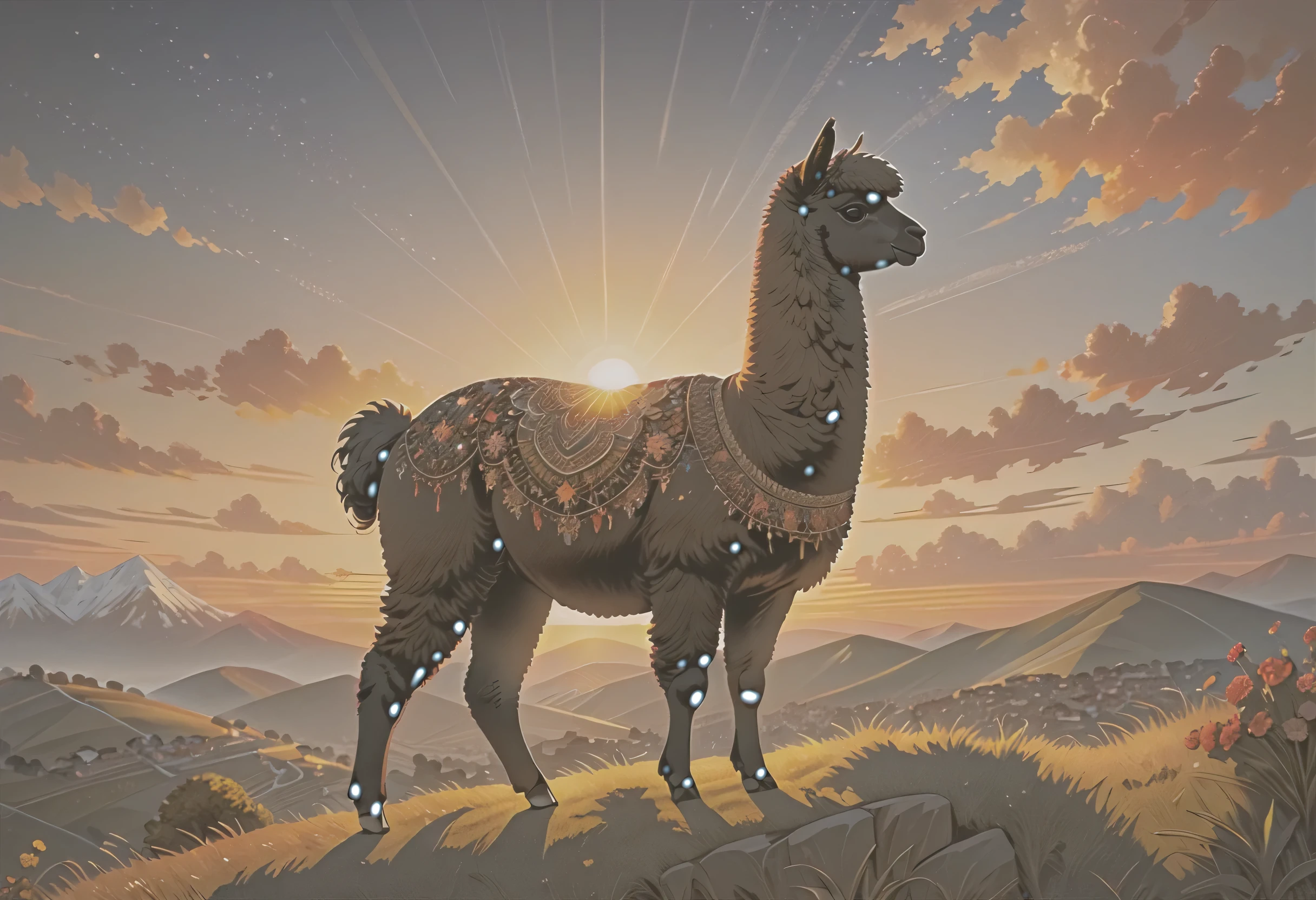 high details, best quality, 16k, [ultra detailed], masterpiece, best quality, a picture of an alpaca (intricate details, Masterpiece, best quality: 1.3) standing on a hilltop at sunset (intricate details, Masterpiece, best quality: 1.2),  the alpaca body is dark and (black: 1.2) and filled with stars (intricate details, Masterpiece, best quality: 1.4) ladyshadow, you can see the sun setting behind the alpaca, 